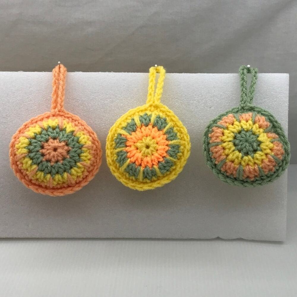 Vintage Style Crochet Holiday Stuffed Medallion Baubles Handmade Set of 3